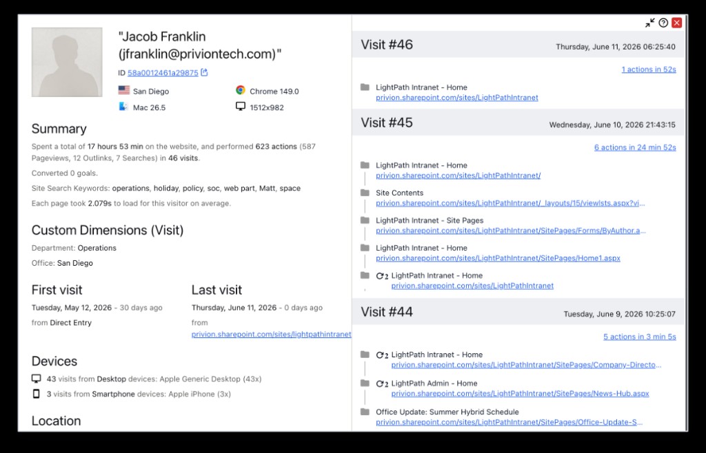 PAnalytics visitor profile with lifetime engagement, custom dimensions, and visit history