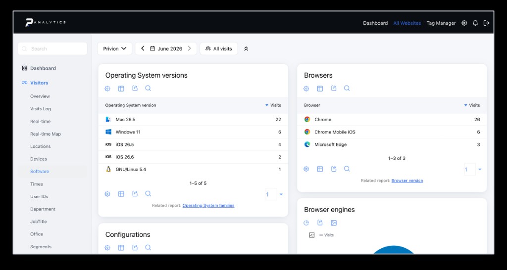 PAnalytics Visitors overview with engagement metrics and visit trends